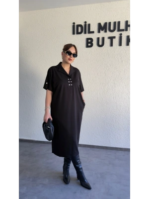 Siyah Polo Yaka Düğme Detaylı Elbise