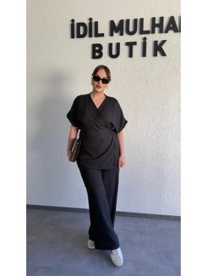 Siyah Kruvaze Bluz Pantolon Takım