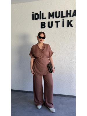 Kahverengi Kruvaze Bluz Pantolon Takım