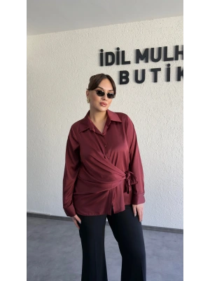 Bordo Saten Yandan Bağlamalı Gömlek