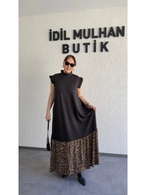 Siyah Eteği Leopar Desenli Fırfırlı Elbise