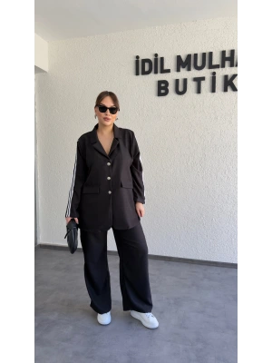 Düğme Ve Şerit Detaylı Siyah Ceket Pantolon Takım