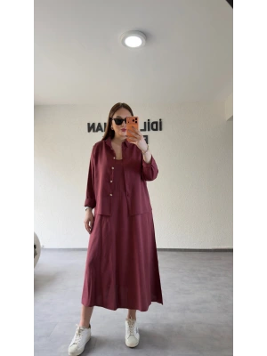 Bordo Askılı Elbise Çıkarılabilir Gömlek Detaylı Takım