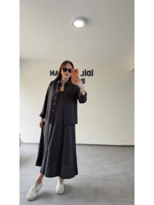 Siyah Askılı Elbise Çıkarılabilir Gömlek Detaylı Takım