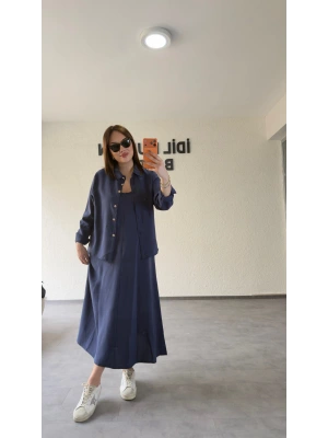 Lacivert Askılı Elbise Çıkarılabilir Gömlek Detaylı Takım