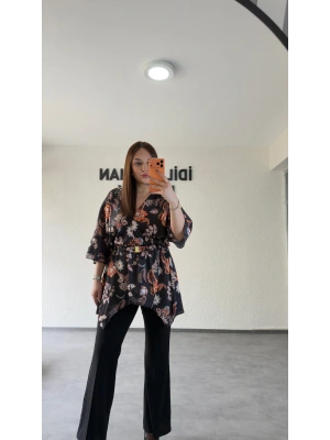 Siyah Çiçek Desenli Kemer Detaylı Dökümlü Bluz