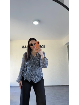 Çiçek Desenli Şifon Kruvaze Bağlamalı Bluz