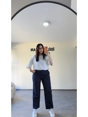 Lacivert Çizgili Premium Kumaş Pantolon