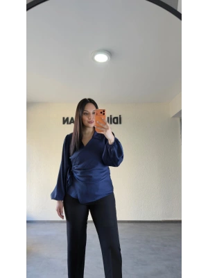 Lacivert Yan Bağlamalı Nispet Kumaş Bluz