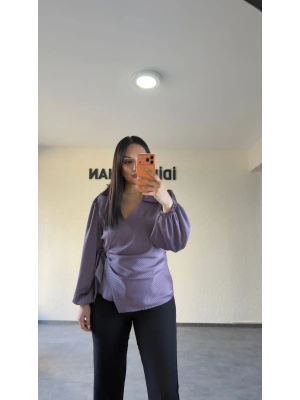 Lila Yan Bağlamalı Nispet Kumaş Bluz