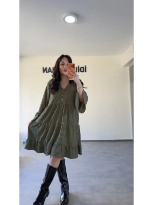 Haki Düğme Detaylı Kat Kat Rahat Elbise
