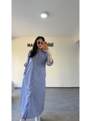 Mavi Çizgili Gömlek Elbise