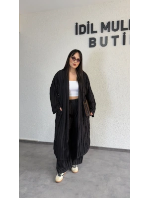 Siyah Kendinden Dokulu Kimono Takım