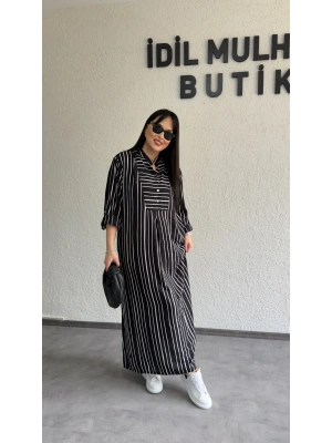 Siyah Beyaz Çizgili Rahat Kesim Elbise
