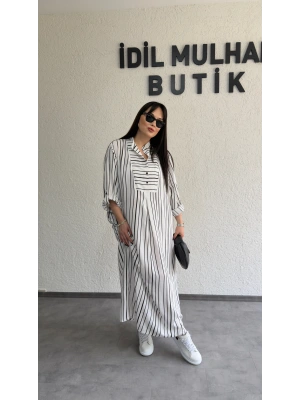 Beyaz Siyah Çizgili Rahat Kesim Elbise