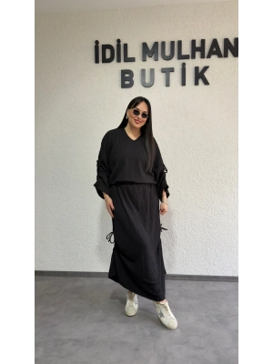 Siyah Kol Ve Etek Ucu Büzgülü Ayarlanabilir Takım