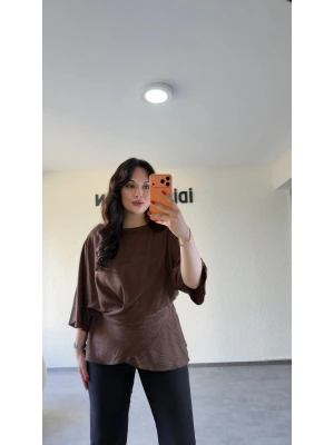 Kahve Bağcıklı Üçgen Jakar Bluz