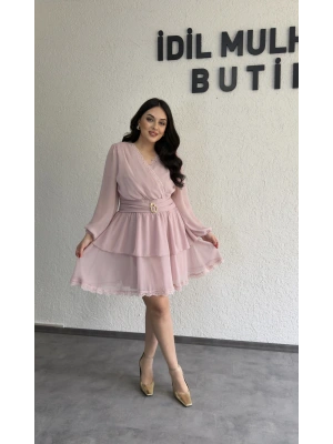 Pudra Pembe Kruvaze İki Katlı Yoryo Elbise