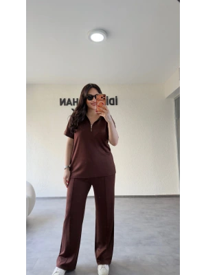 Kahverengi Polo Yaka Rahat Kesim Takım