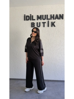 Siyah Zımba Detaylı Fermuarlı Polo Yaka Takım