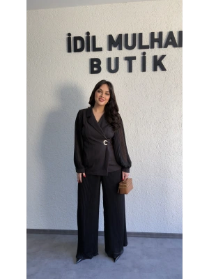 Siyah Double Şifon Kol Ve Pantolon Takım
