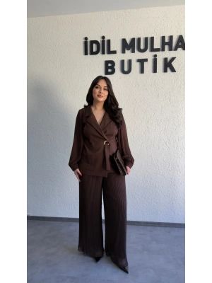 Kahverengi Double Şifon Kol Ve Pantolon Takım