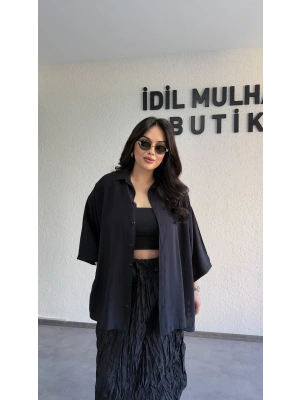 Siyah Günlük Rahat Kalıp Gömlek
