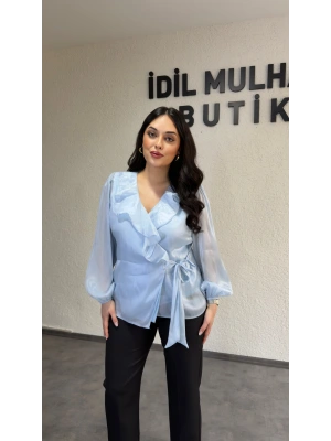 Bebe Mavisi Kruvaze Yaka Volanlı Bağlamalı Bluz