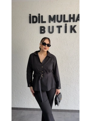 Siyah Şık Kesim Kuşaklı Gömlek