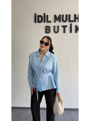 Bebe Mavisi Şık Kesim Kuşaklı Gömlek