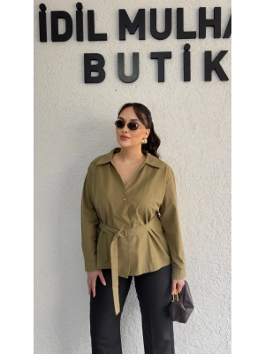 Haki Şık Kesim Kuşaklı Gömlek
