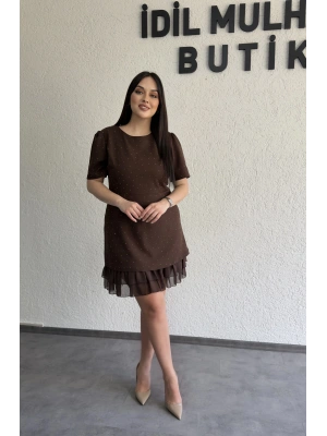 Kahverengi Taşlı Double Tül Fırfır Detaylı Elbise