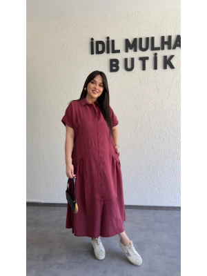 Bordo Etek Büzgülü Düğmeli Elbise