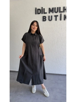 Siyah Etek Büzgülü Düğmeli Elbise