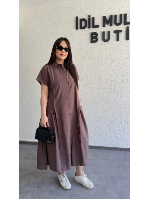 Kahverengi Etek Büzgülü Düğmeli Elbise