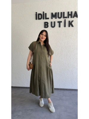 Haki Etek Büzgülü Düğmeli Elbise