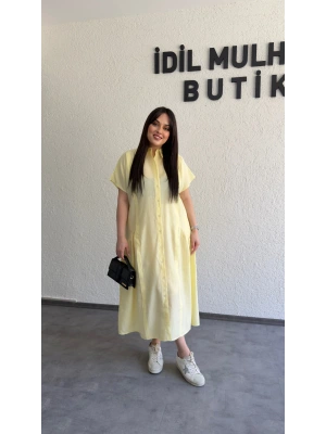 Limon Sarısı Etek Büzgülü Düğmeli Elbise