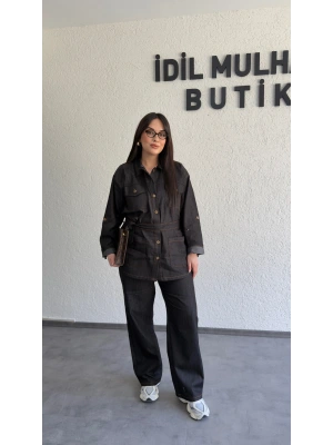 Siyah Düğmeli Kemerli Jean Takım