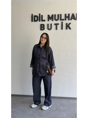 Lacivert Düğmeli Kemerli Jean Takım