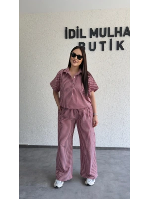 Bordo Çizgili Hafif Doku Günlük Takım