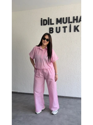Pembe Çizgili Hafif Doku Günlük Takım