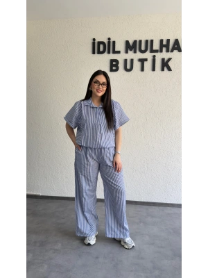 Mavi Çizgili Hafif Doku Günlük Takım