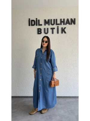 Mavi Premium Kot Cep Detaylı Gömlek Elbise
