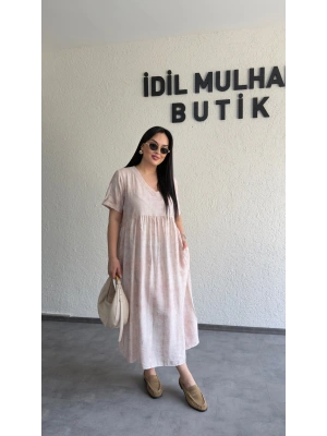 Pembe Batik Desenli Dökümlü Elbise