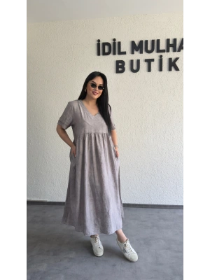 Gri Batik Desenli Dökümlü Elbise