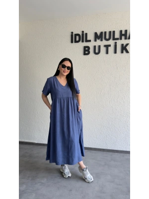 İndigo Mavi Batik Desenli Dökümlü Elbise