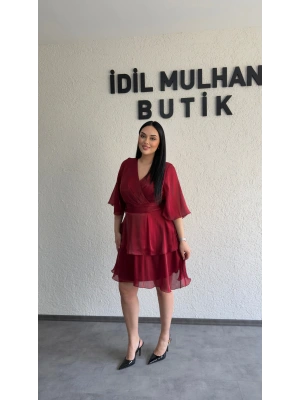 Kırmızı Kruvaze Yaka Kat Kat Elbise