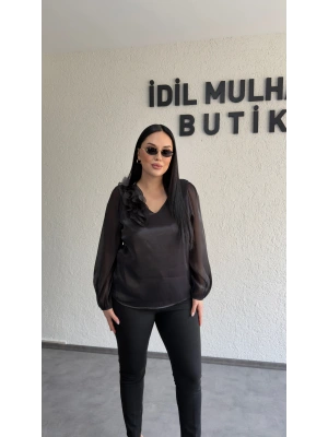 Siyah Çiçekli Organze Bluz