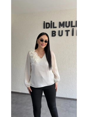 Ekru Çiçekli Organze Bluz