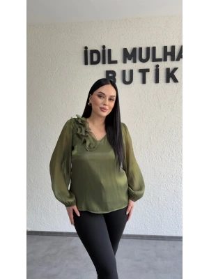 Yağ Yeşili Çiçekli Organze Bluz